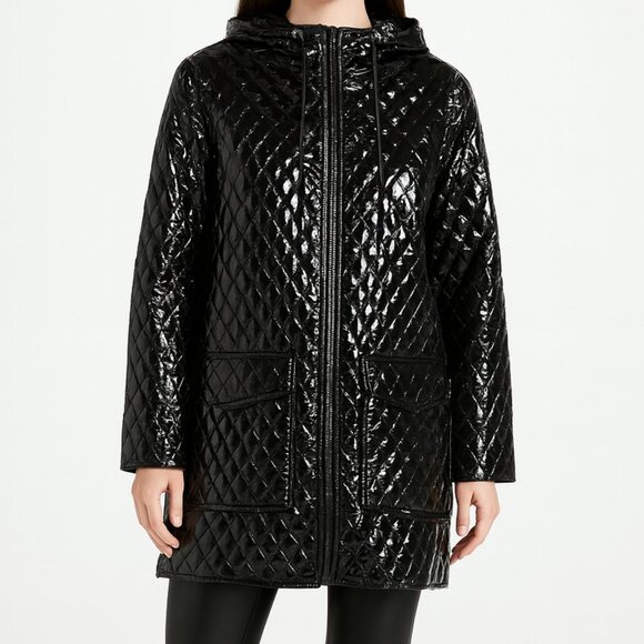 NWT Quilted Patent Leather Rain Coat Jacket With Pockets - Picture 2 of 14